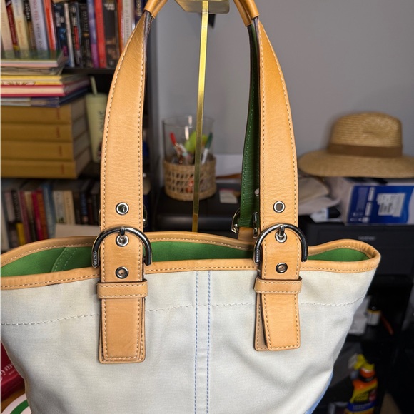 VINTAGE 90s COACH EUC Canvas Tote with Tan Leather Trim and Green Interior - Picture 2 of 7